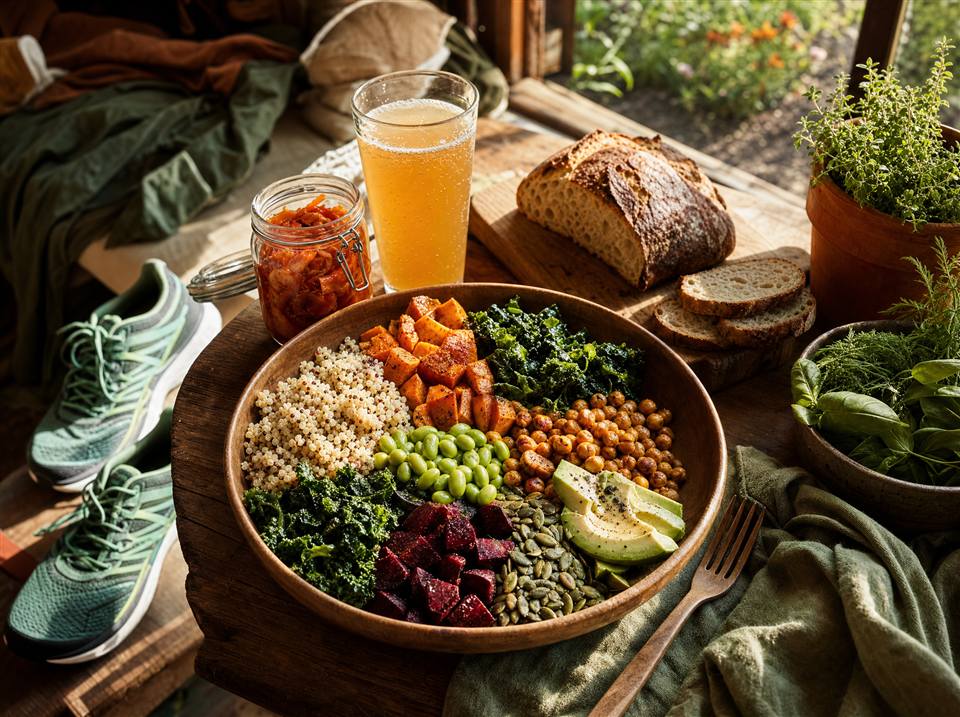 Pflanzlicher Sportler-Teller mit Quinoa, Süßkartoffel, Edamame, Kale und Kombucha